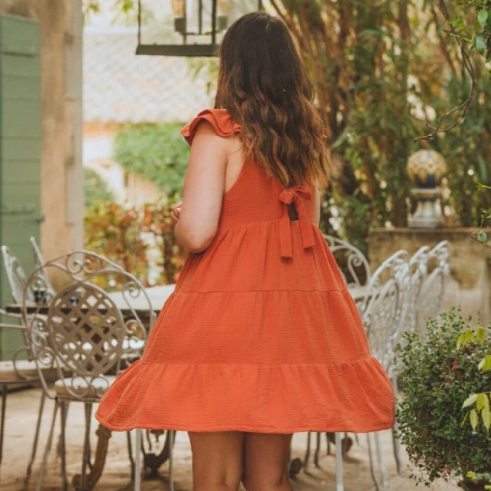 Saaj Paris Clay Burnt Orange Louana Cotton Tiered Sleeveless Mini Dress